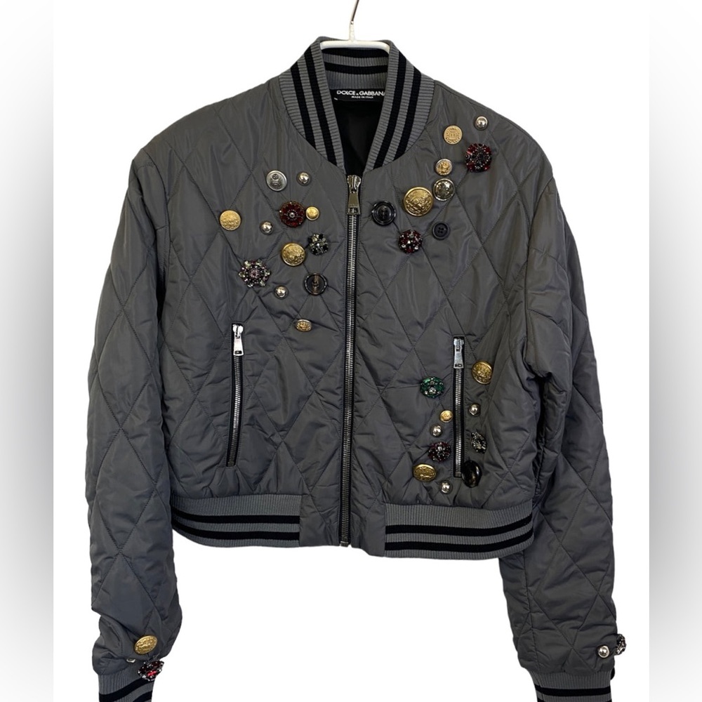 Dolce & Gabbana Embellished Crystal Bomber Jacket Grey Quilted Size S